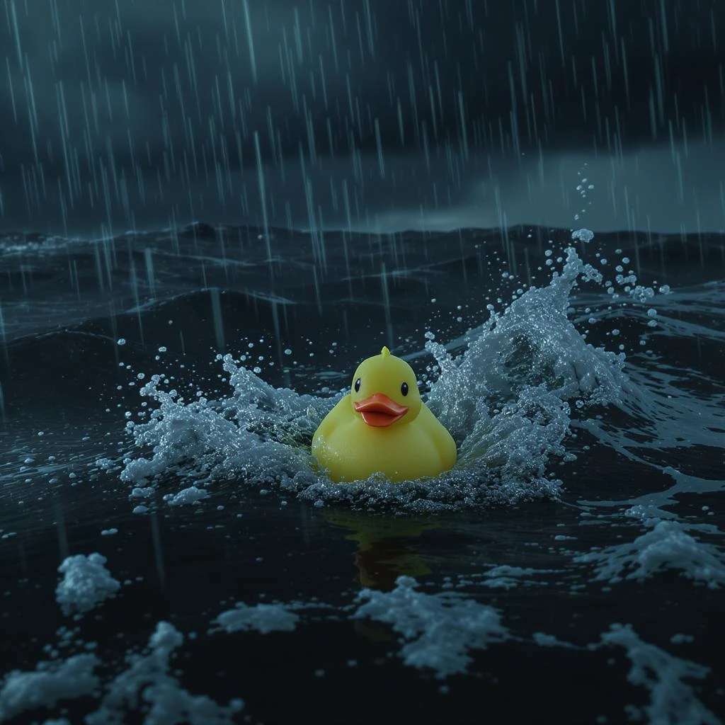 Cinematic still, Extreme Closeup shot of Yellow duck toy on ocean during storm, Camera from top, inspired by interstellar emoji