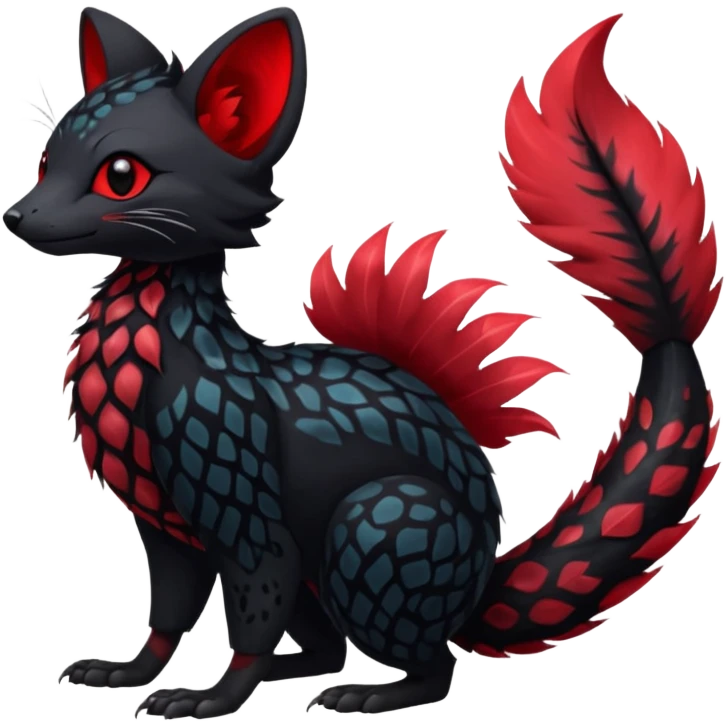 Feral Rare Fantasy shiny soft fuzzy furry vibrant tropical obsidian-black and crimson-red Vernid-Trico-species-creature by LiLaiRa, random markings, tufted tail, tufted ears, full body with markings emoji