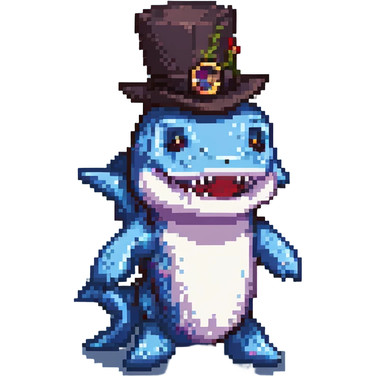 pixel art shark wearing a tophat emoji