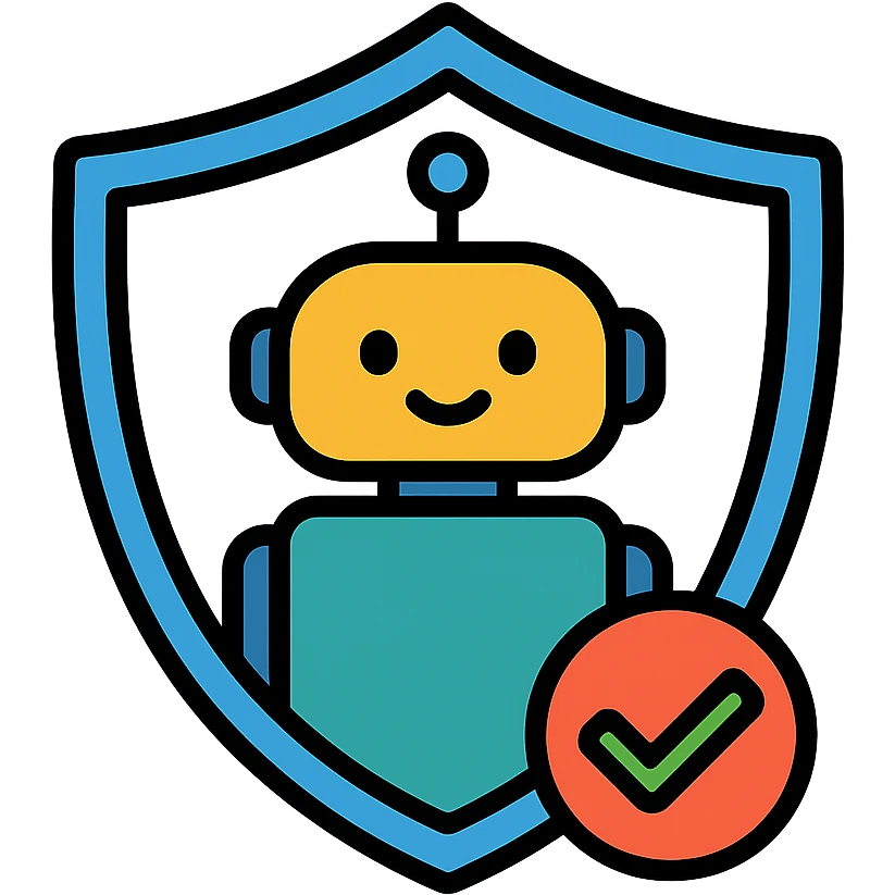friendly AI robot encased in a transparent shield, with a certified safe badge, modern and secure, icon style emoji