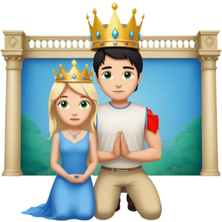 Man as king, standing, black Hair, blue eyes, simple woman, blonde, green eyes, shott white sleveless Dress, kneeling, background palace emoji