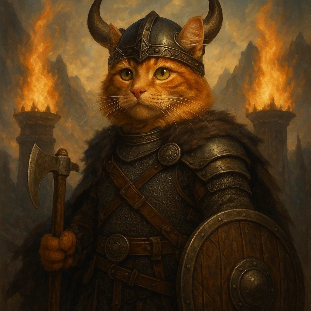 ginger cat dressed as a Viking warrior, Valhalla setting, majestic, fantasy style emoji