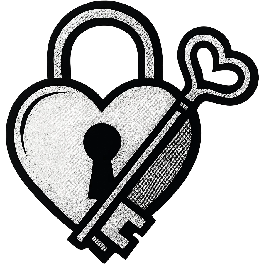 gothic style heart with a lock and key, black and silver colors emoji