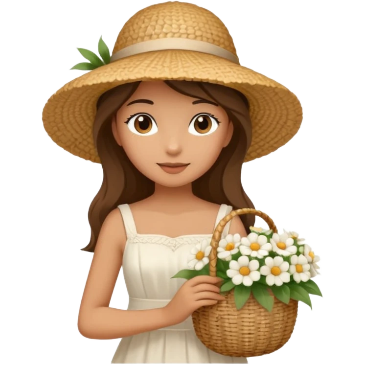 summer beautiful wicker hat, beach beige bag and bouquet of white flowers and girl in Italy white dress emoji