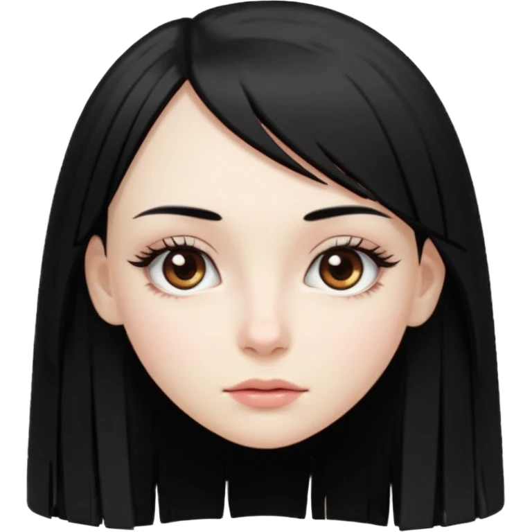 девушка с бледной кожей у неё длиные прямые черные волосы и челка ниже бровей глаза коричневого цвета худая у неё длиные ресницы emoji