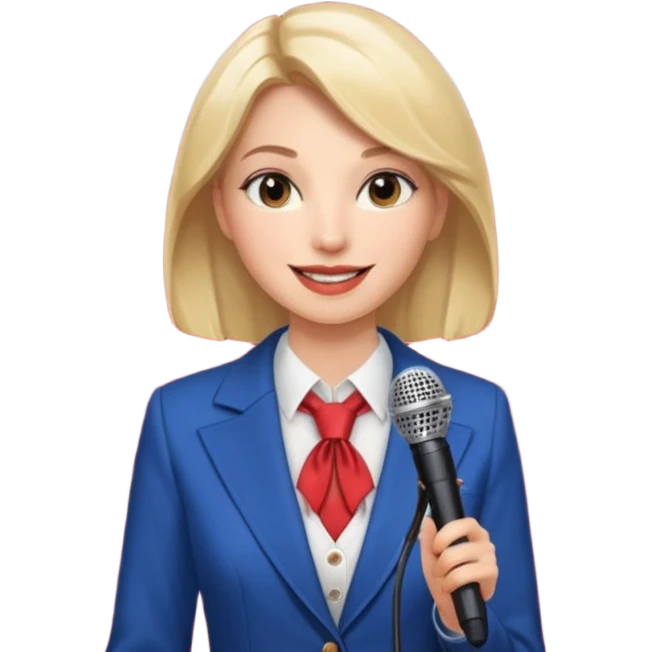 Девушка одета дорого, стоит на сцене. Рядом микрофон, свет софитов, камеры  emoji