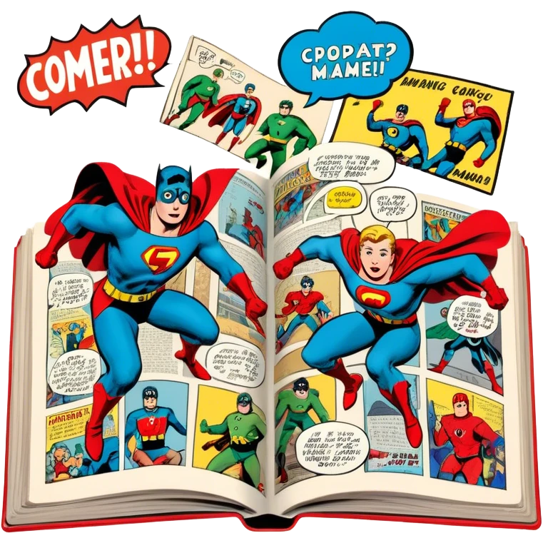 Icon for Vintage American Comics: an open comic magazine with classic 1940s-1950s American comic art, featuring superheroes in bold, bright colors, with action panels and exaggerated speech bubbles. The icon should represent the nostalgic style of vintage comics. Transparent background. emoji