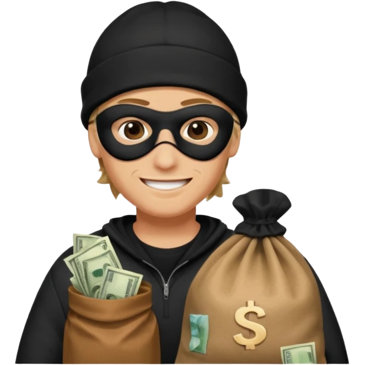 smiley robber wears black eye mask and black beanies with money bag beside him emoji