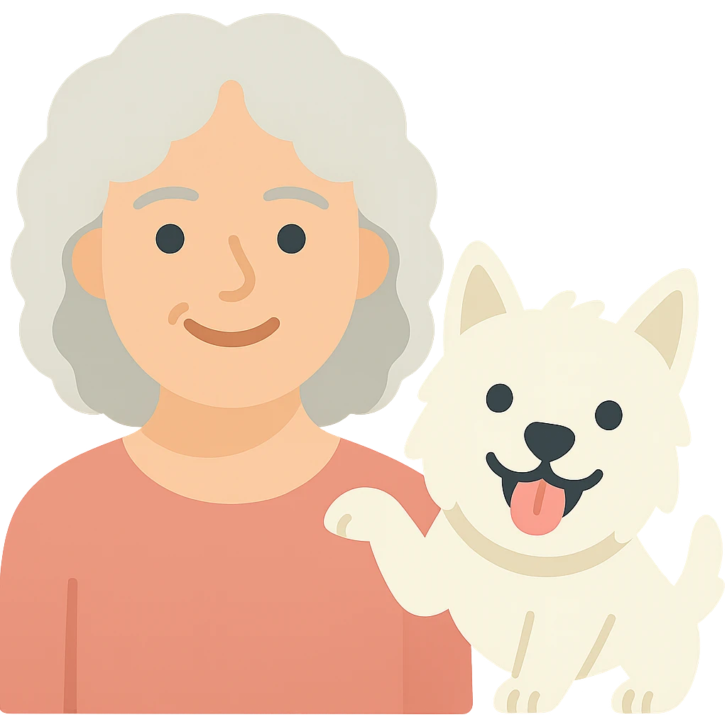 Make the Westie dog playful, with an energetic pose or playful expression, keep the 50-year-old lady with silver curly hair smiling emoji
