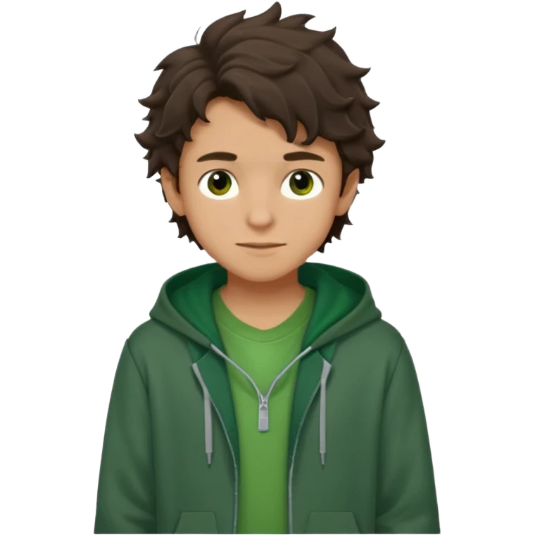 a 14 year old slightly tanned teenage boy with dark brown tousled wavy hair, dark brown eyes wearing a green tshirt, with a dark green hoodie overcoat. smirking. full body emoji