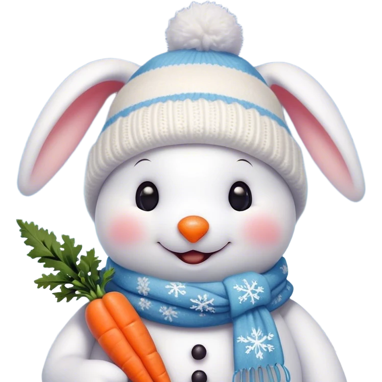 The detailed digital illustration shows a snowman in a Christmas hat and scarf. The snowman is depicted in close-up. Next to it is a cute bunny who wants to depict a snowman and holds a carrot with his paws at the level of his nose, thereby demonstrating to the snowman that his nose looks like a snowman's nose. The snowman is joyful, looks lovingly at the mischievous bunny. Snowflakes are falling from the sky, the whole scene should have a soft and cozy winter aesthetic. The style of this illustration is the same as that of the famous artist Evgenia Gapchinskaya. emoji