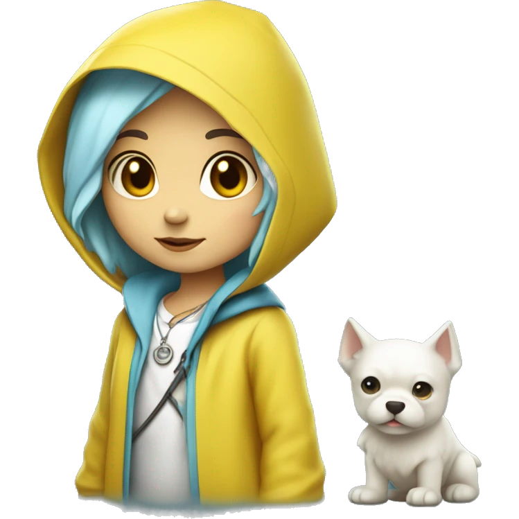 Cute little girl with light blue hair wearing a yellow raincoat hood up with white skin and short hair with cross necklace and staff emoji