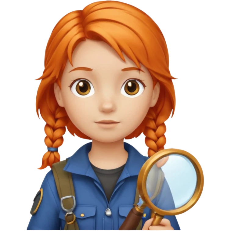 braid orange haired girl kid in explorer outfit, holding magnifying glass emoji