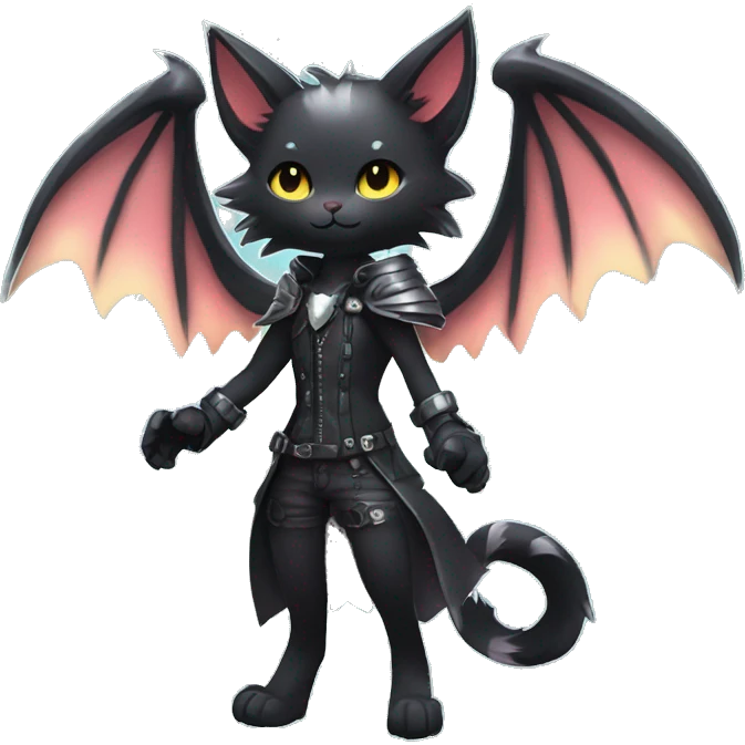 Shiny Cool Punk Black beautiful fantasy Kawaii Ethereal Sona Fakemon-cat-animal with edgy bat-wings-ears Full Body emoji