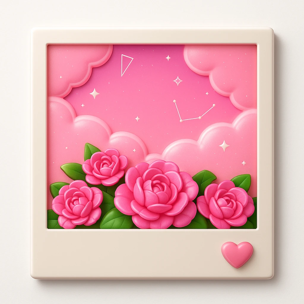 A polaroid picture with pink roses and a pink sky with stars and clouds, in 3D iOS style, with a white background, with more details. emoji