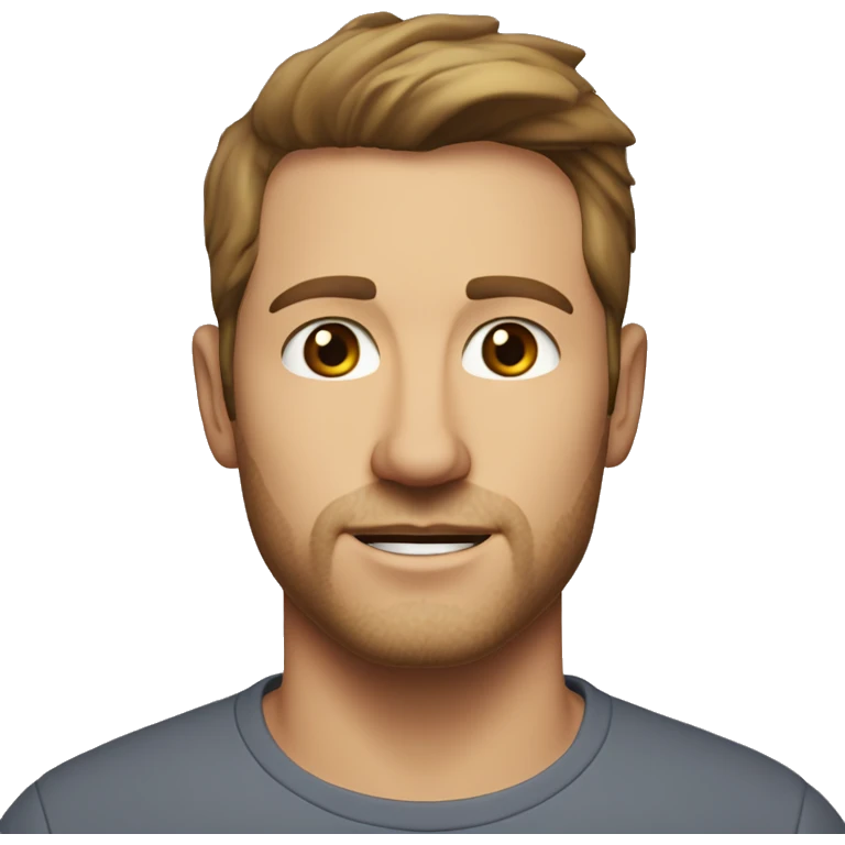 A head and shoulders shot of a 34 year old white man, with short brown hair, with stubble facial hair,   with brown eyes wearing a t-shirt. emoji
