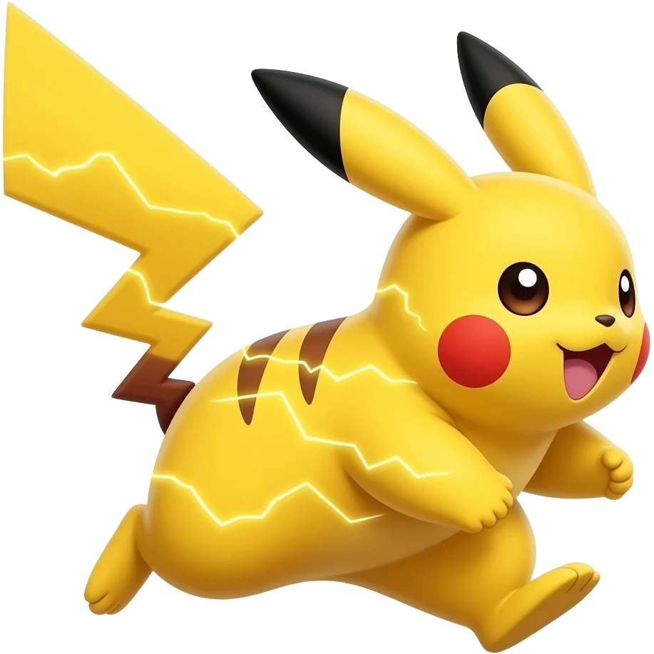 Running Pikachu with electric energy effects, dynamic pose, vibrant yellow colors, emoji illustration emoji