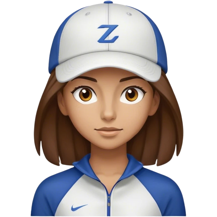 A girl with sharp features, shoulder-length brown hair, wearing a cap and sportswear. emoji