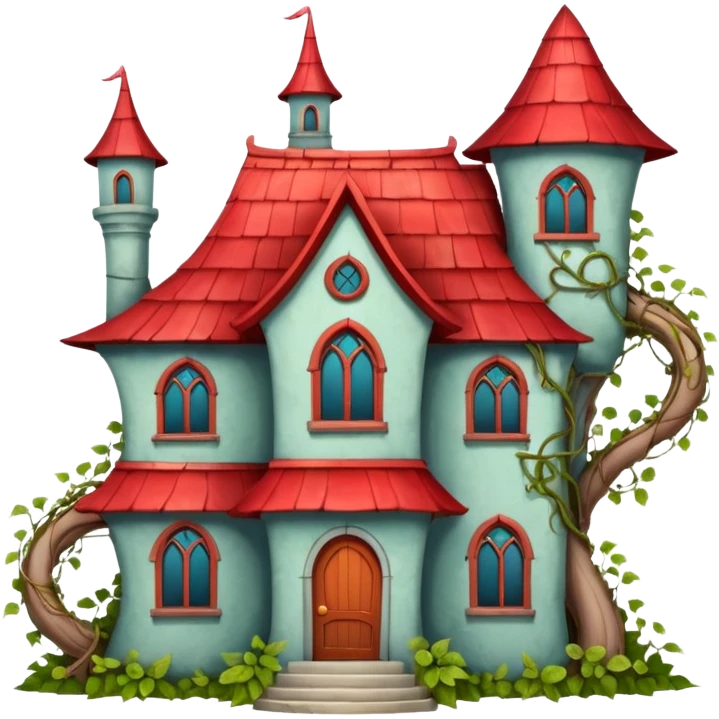 an old magic house with Tall crooked building with red roof.

 emoji