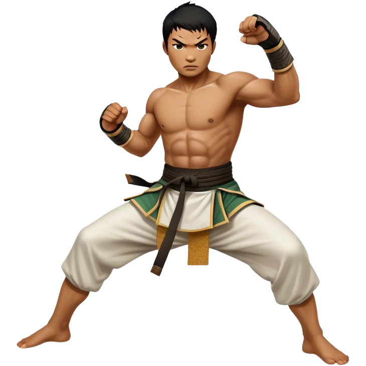 Tony Jaa – Cinematic Realistic Portrait of Tony Jaa, depicted as a dynamic martial arts warrior with intense eyes and a powerful stance in traditional Thai fighting attire, rendered in mid-motion with dramatic lighting and high-detail textures that capture his raw physicality and grace. emoji