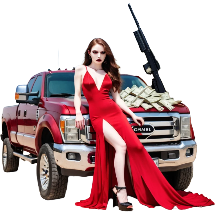 Lilith symbol red eye seductress evil long brown haired sexy succubus woman. Wearing Chanel  long dress with slit, sitting on top of a  giant lifted F350 pickup truck. Black Platform heels on feet. Back of truck full of stacks of cash, sitting behind her is  a human skull with a gun in other hand emoji