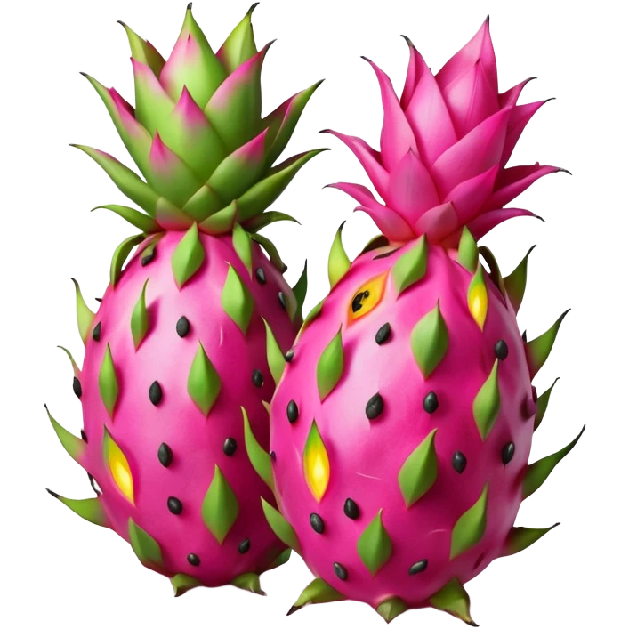 whole vibrant dragon fruit with bright pink or red skin and green flame-like scales, next to a halved version revealing white or magenta flesh speckled with tiny black seeds, oval exotic shape, glossy tropical appearance, no leaves, plate, or extras, soft lighting, subtle shadows, emoji scale emoji