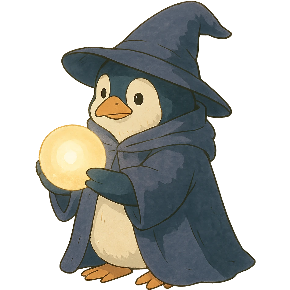 ghibli style penguin wizard holding a glowing orb emoji