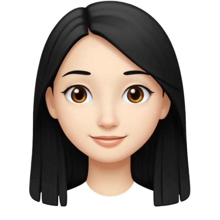 Cabelos pretos longos lisos ,olhos castanhos puxadinho para cima. Pele clara ,nariz pequeno ,lábios carnudos ,adolescente emoji