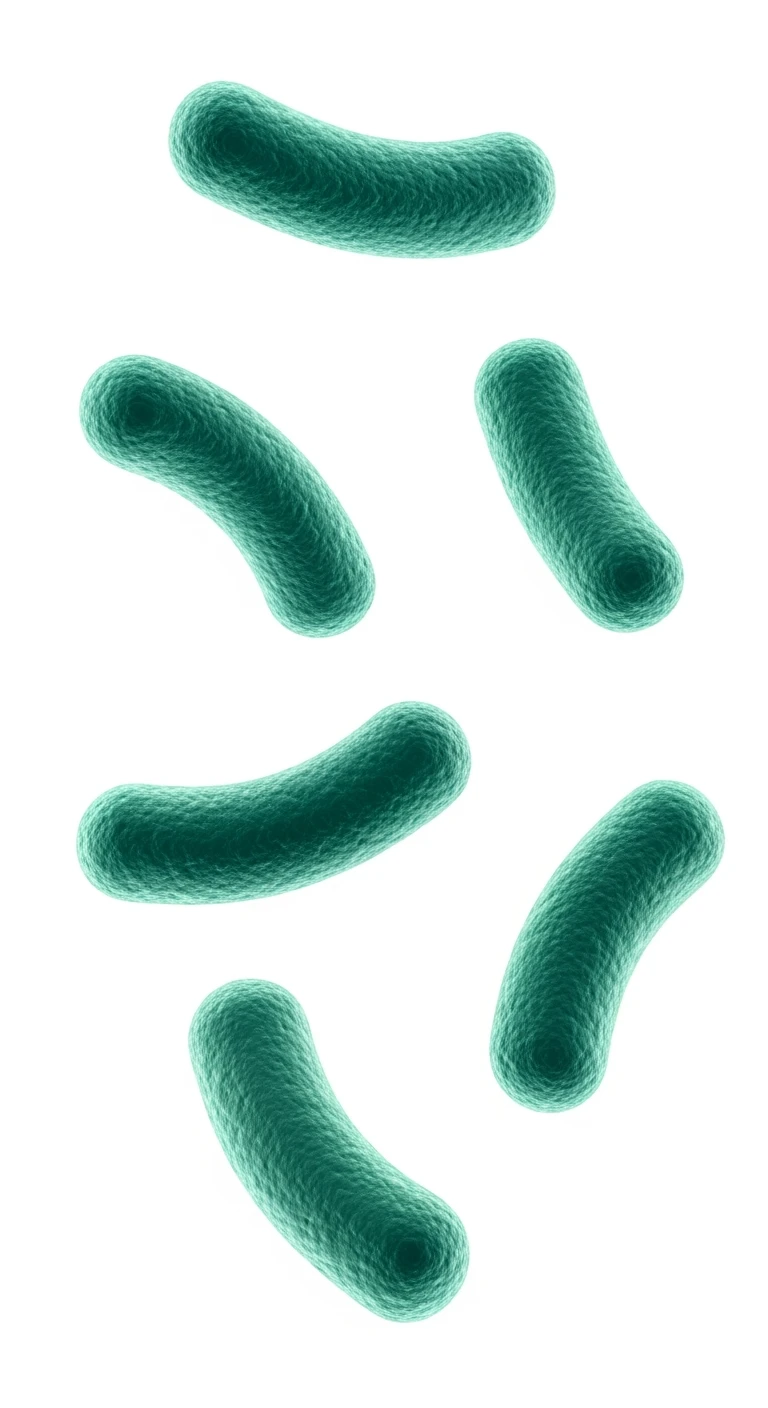 sei batteri intestinali turchesi fluttuano in aria, sfondo bianco, ma iperrealistica 4k emoji