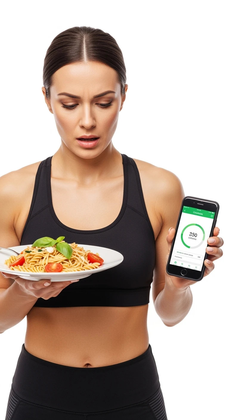 donna fitness che calcola ossessivamente le calorie di quello che sta mangiando: in mano ha un piatto di pasta e nell'altra mano ha lo smartphone per segnare tutti gli alimenti, sfondo bianco emoji