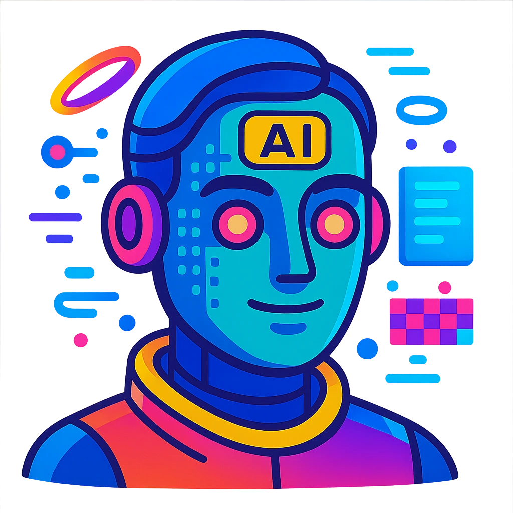 futuristic AI-Ambassador, abstract AI face with digital patterns, floating holographic elements, vibrant colors in vibrant toon style emoji