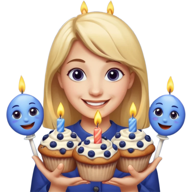 It is my friend virginias birthday. Create emoji with me saying happy birthday Virginia while holding blueberry muffins with candles in them! emoji