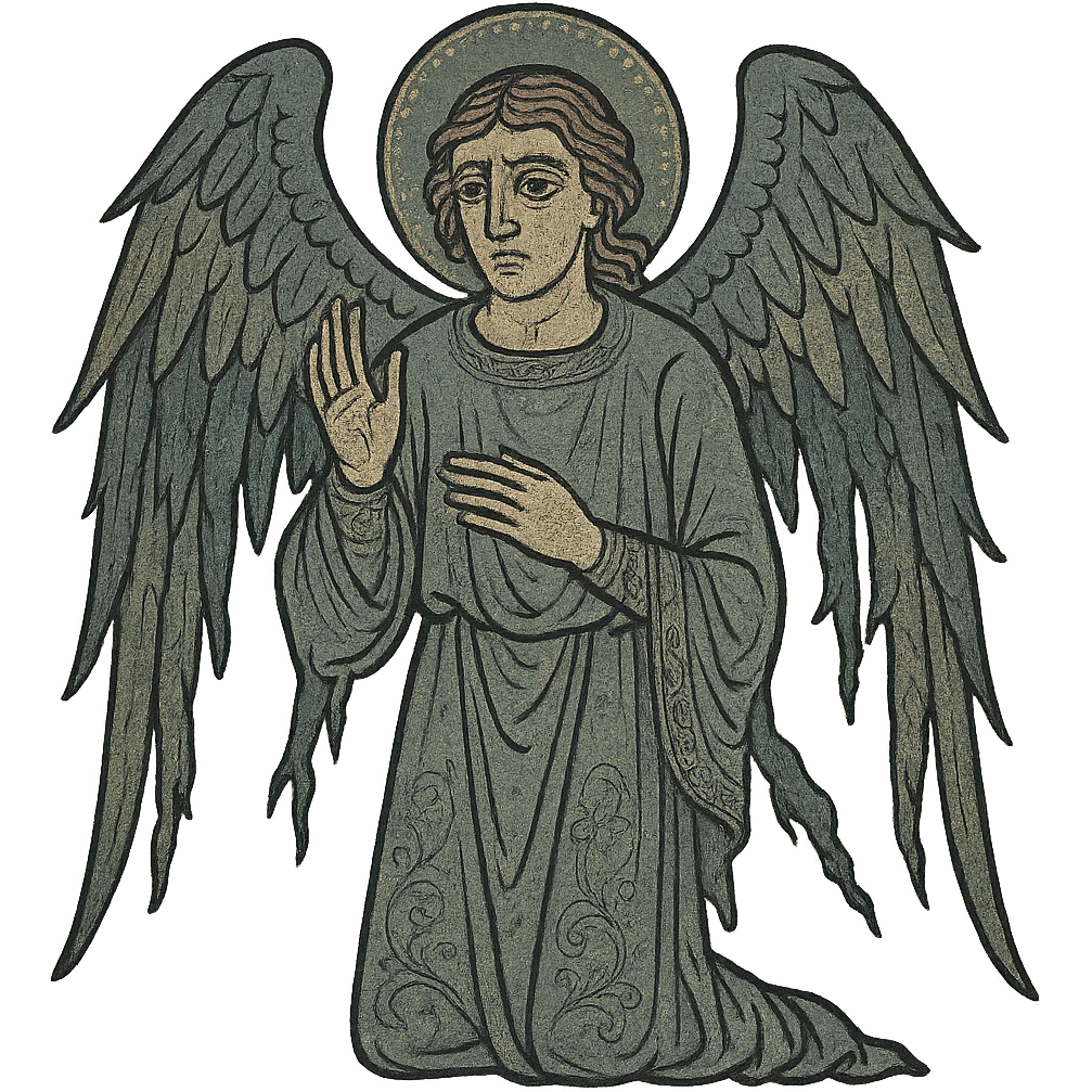 A fallen angel with tattered wings, dark and moody atmosphere, gothic style emoji