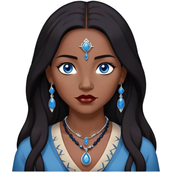 woman katara native american blue eyes dark skin freckles dark black long hair reddish lipstick necklace with sapphire pendant emoji
