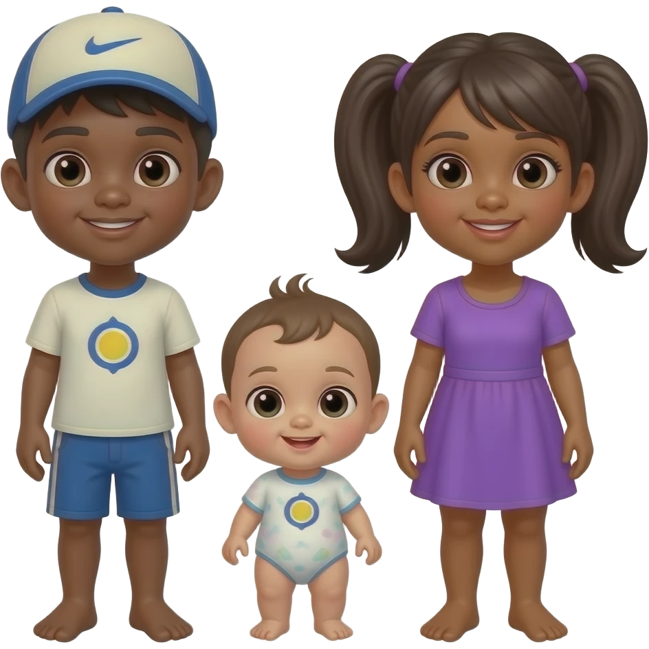 Busy Beach One Dark Skin Boy And Sun Cap and normal Hair With swim shorts One Ponytails girl With Purple Dress one baby and woman dark skin with baby swim shirt emoji