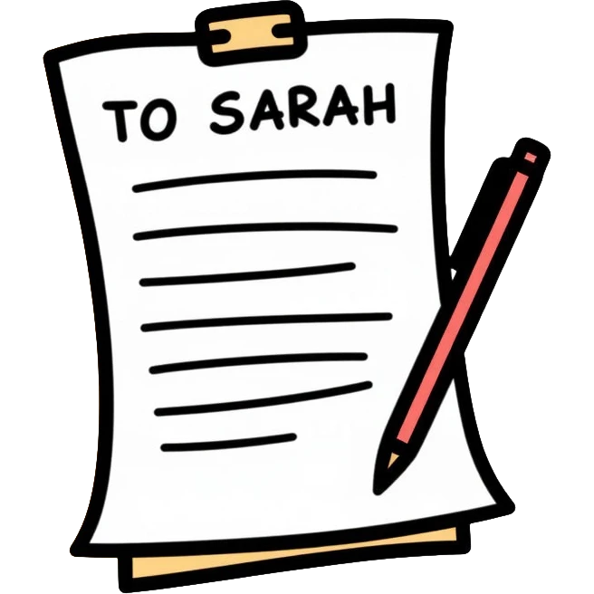 a paper letter with "TO SARAH" text written at the top of the letter, with a pen lying next to it emoji
