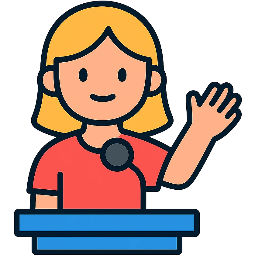 Girl standing with raised hand gesturing while giving a speech emoji