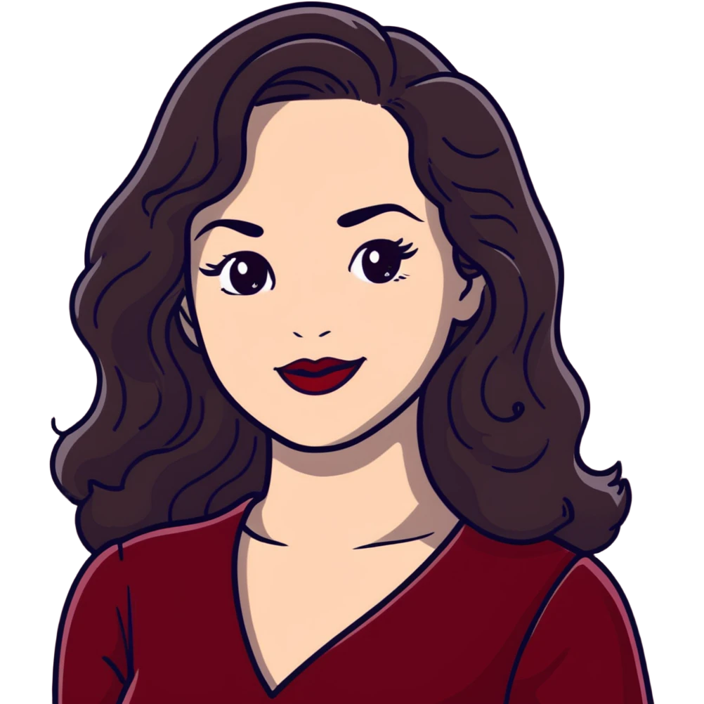 Elegant high-profile woman with glowing fair skin, long dark straight hair with soft waves, large dark eyes with dramatic makeup, defined eyebrows, full red lipstick, wearing wine red velvet dress with V-neckline, glamorous confident smile emoji
