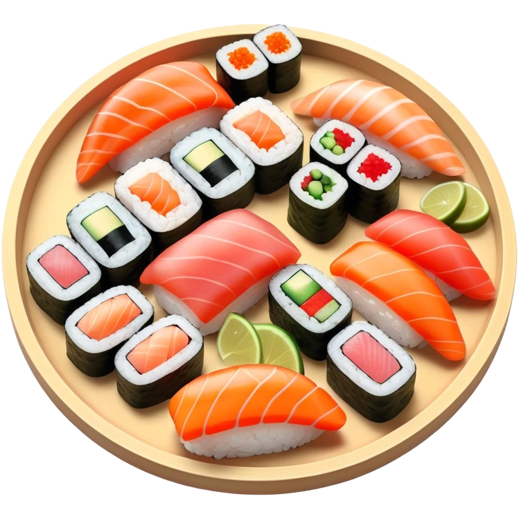 Cinematic Realistic Sushi Dish Emoji, depicted as an artful arrangement of fresh sushi with vibrant colors rendered with lifelike textures and delicate, natural lighting. emoji