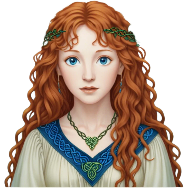 a detailed portrait of loreena mckennitt, focusing on her upper half. she has long, curly auburn hair, fair skin, and piercing blue eyes. wearing a flowing blouse with Celtic-inspired embroidery, soft light highlights her serene and contemplative expression, set against a misty, mystical background. emoji