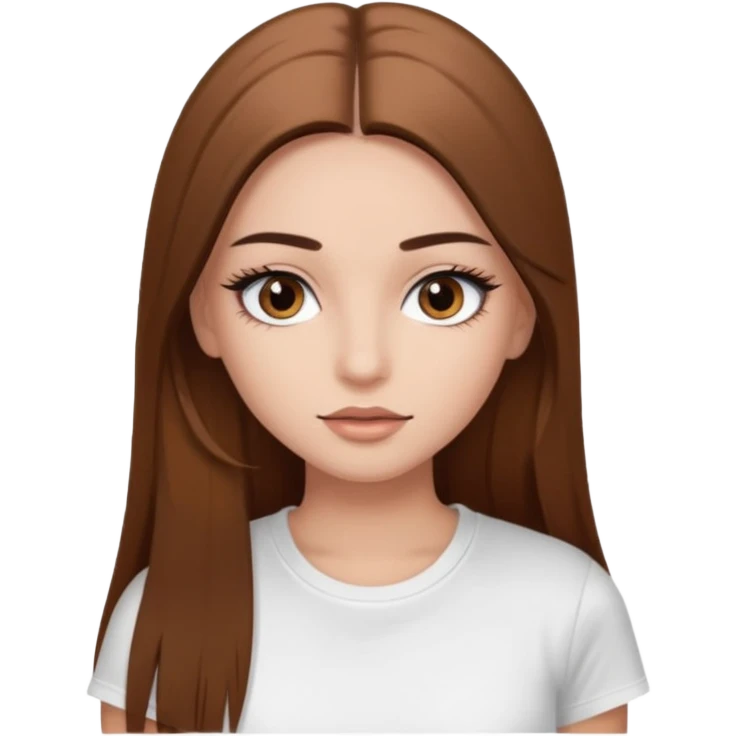 Chica de pelo liso ,largo clean look  y marrón con ojos color marrón  y una camiseta blanca y la piel blanca con pestañas y maquillada clean look  emoji
