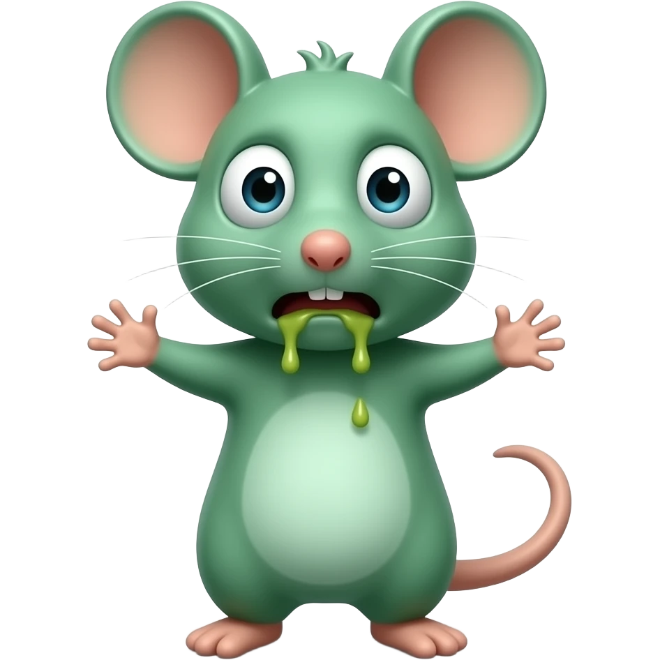 A small green mouse standing upright, with arms and legs shaped like a little person, staring at us with a nauseating look, its mouth covered in vomit. The mouse’s body is entirely green. emoji