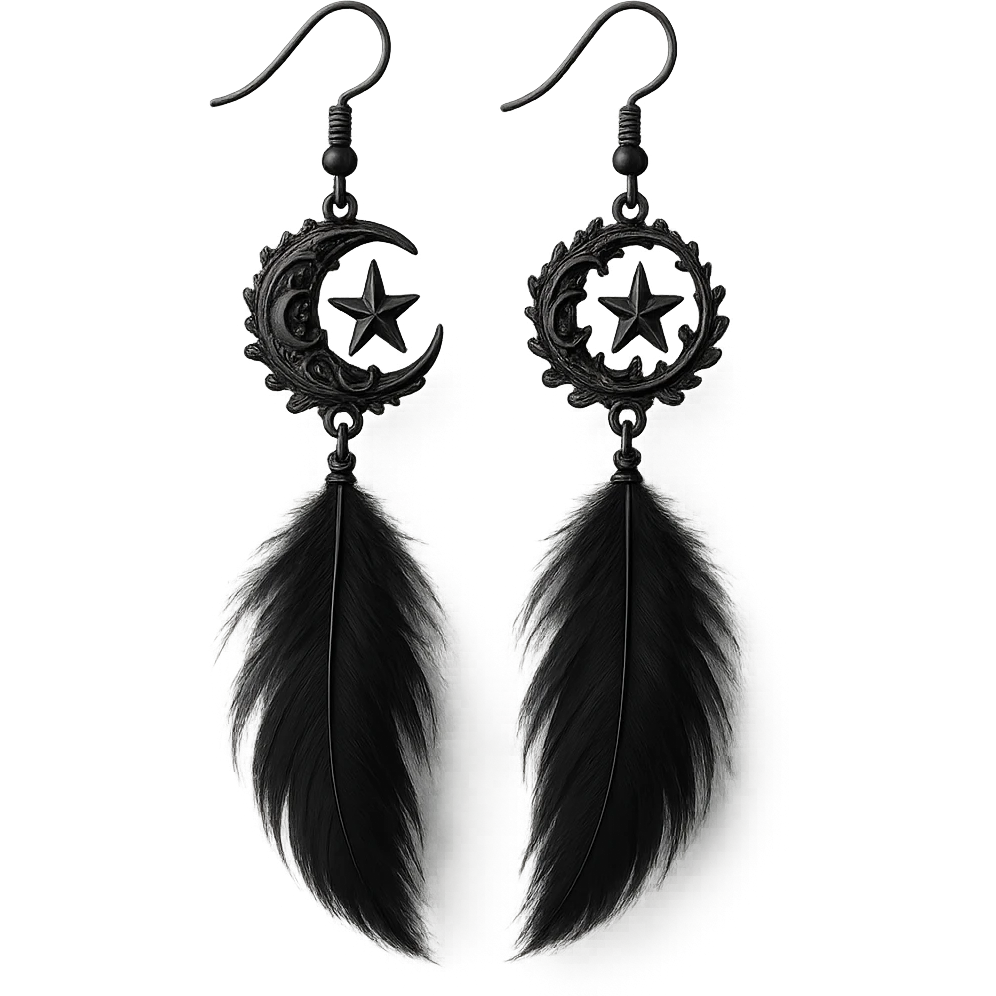 goth earrings with black feather, ethereal gothic, lightweight emoji