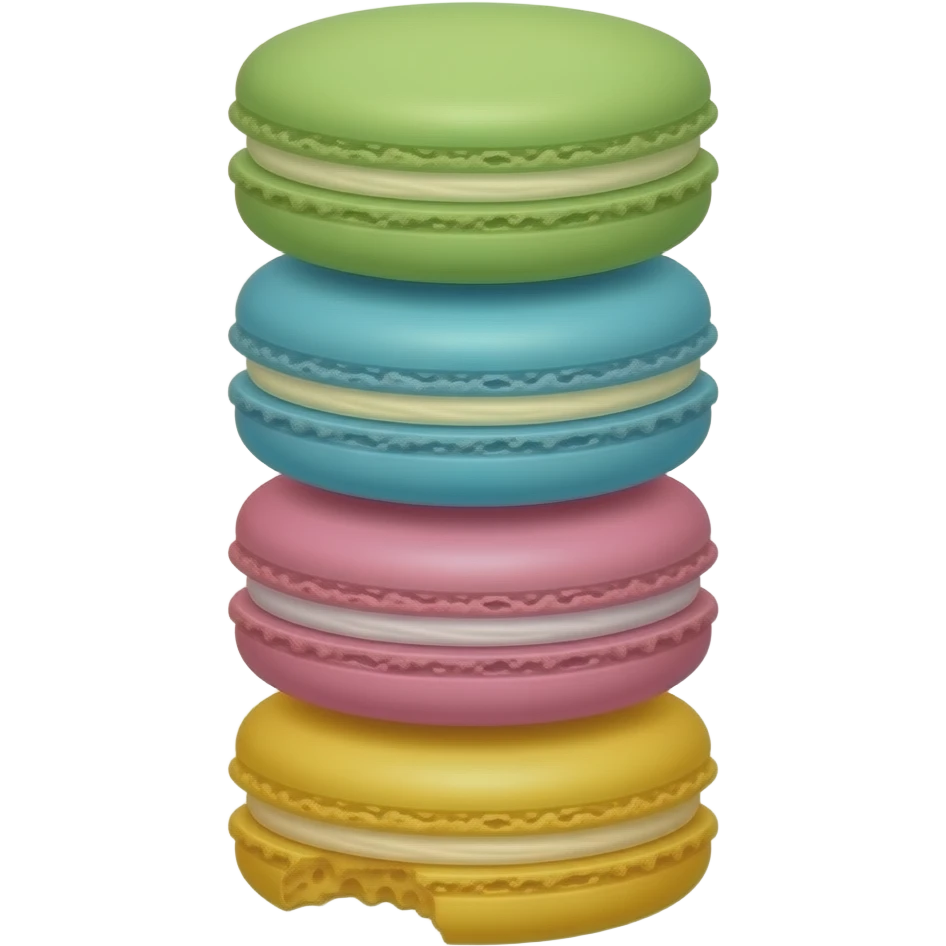 4 Macarons empilhados verde azul rosa e amarelo e um deles está mordido emoji