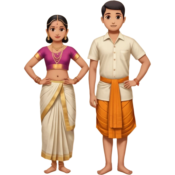 31 years young and small Brahmin boy with traditional formal cotton shirt and cotton lungi is pleasent peaceful thankful to 18 years young and fat and tall Brahmin girl with the complete decoration of bharatanatyam as godess lakshmi devi. emoji