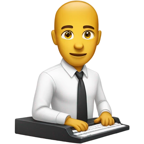 yellow skin man typing on white keyboard on desk wearing white button down shirt front view emoji