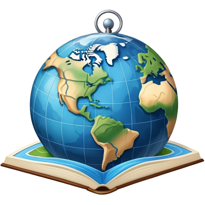 an icon featuring an earth with attitude and longitude lines, a textbook, and a topographic map, symbolizing geography as a science. The design includes a compass, mountain ranges, and rivers, representing the study of Earth's features and landscapes. Transparent background highlights geography. emoji