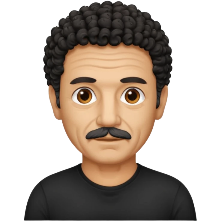 60 year old Greek man with short black curly hair that sticks up and has a black shirt emoji
