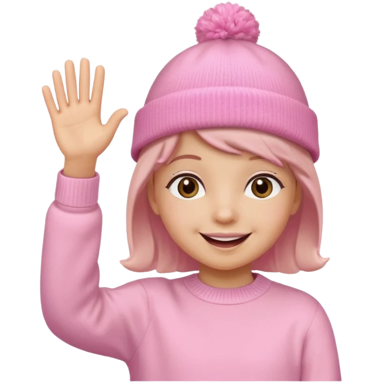 Kid in pink hat and jumper waving emoji