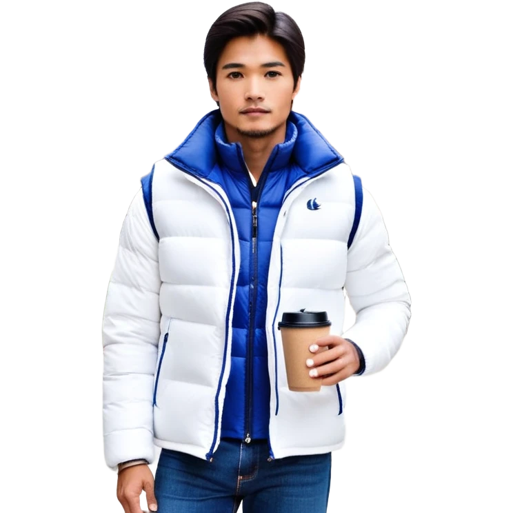 full body man with long sleeve white shirt with blue puffer winter vest with no pockets wearing straight long boot cut levi blue jeans with no cuffs and black tennis shoes holding a coffee mug in one hand directly in front of him at his chest and nothing in the other hand with his weight on one leg emoji